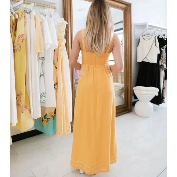 MON RENN scenic dress in mango Yellow Maxi Dress with Floral Detail NEW